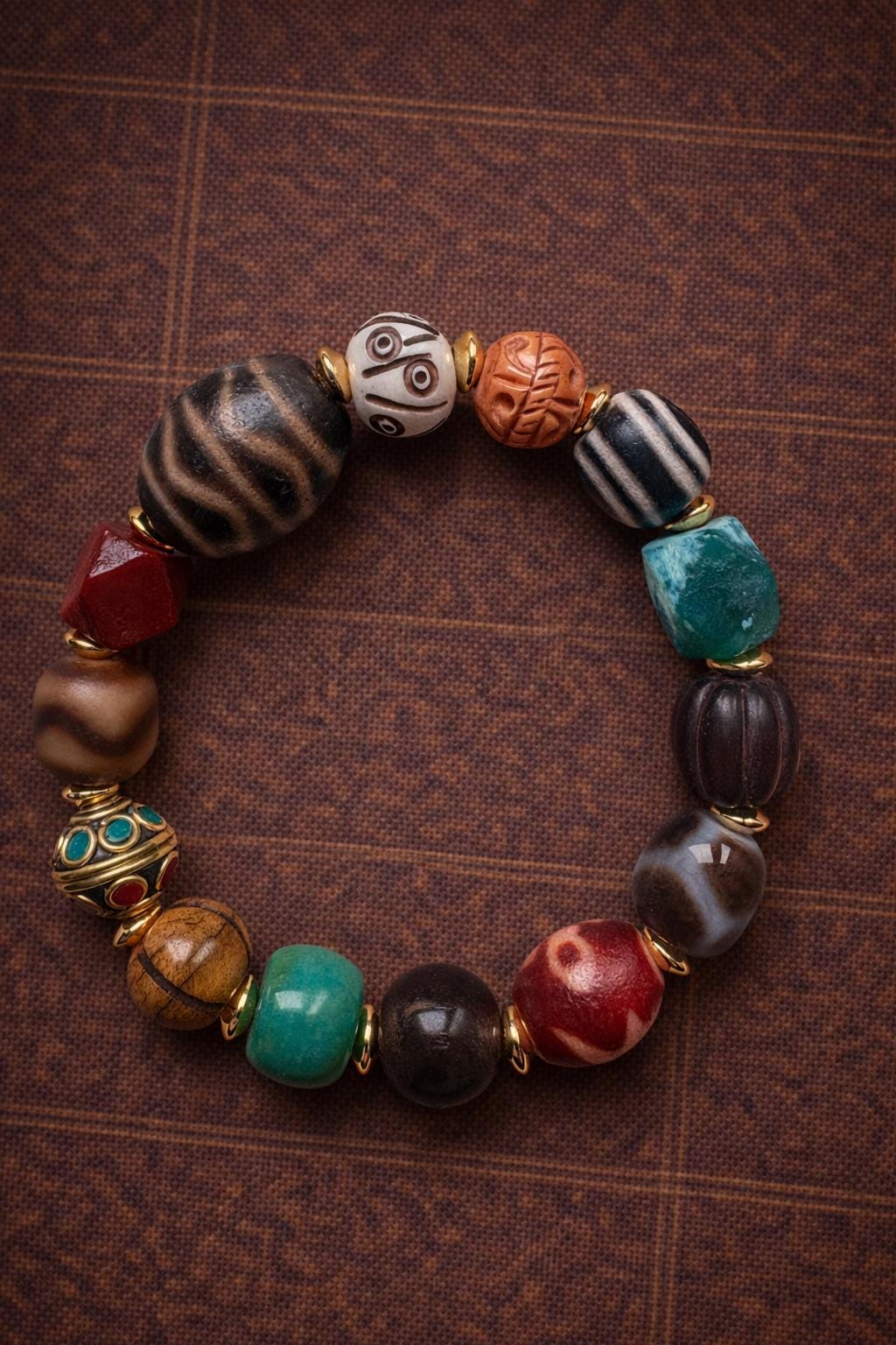Tibetan Double Tiger Tooth Dzi Bracelet – Yak Bone & Agate Multi-Bead Spiritual Jewelry