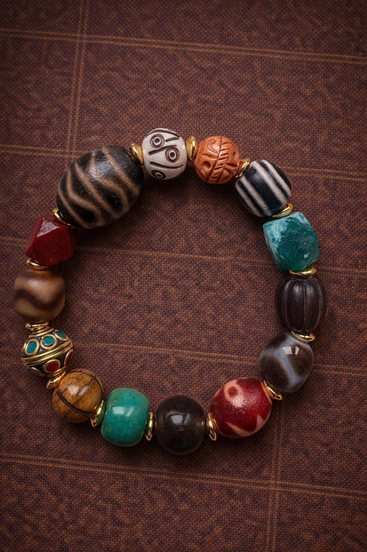 Tibetan Double Tiger Tooth Dzi Bracelet – Yak Bone & Agate Multi-Bead Spiritual Jewelry