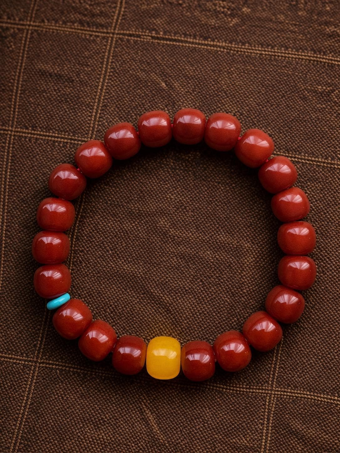 Natural Red Agate Beaded Bracelet – Vintage Barrel Beads, Turquoise Accent (Tibetan Style)