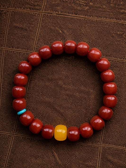 Natural Red Agate Beaded Bracelet – Vintage Barrel Beads, Turquoise Accent (Tibetan Style)