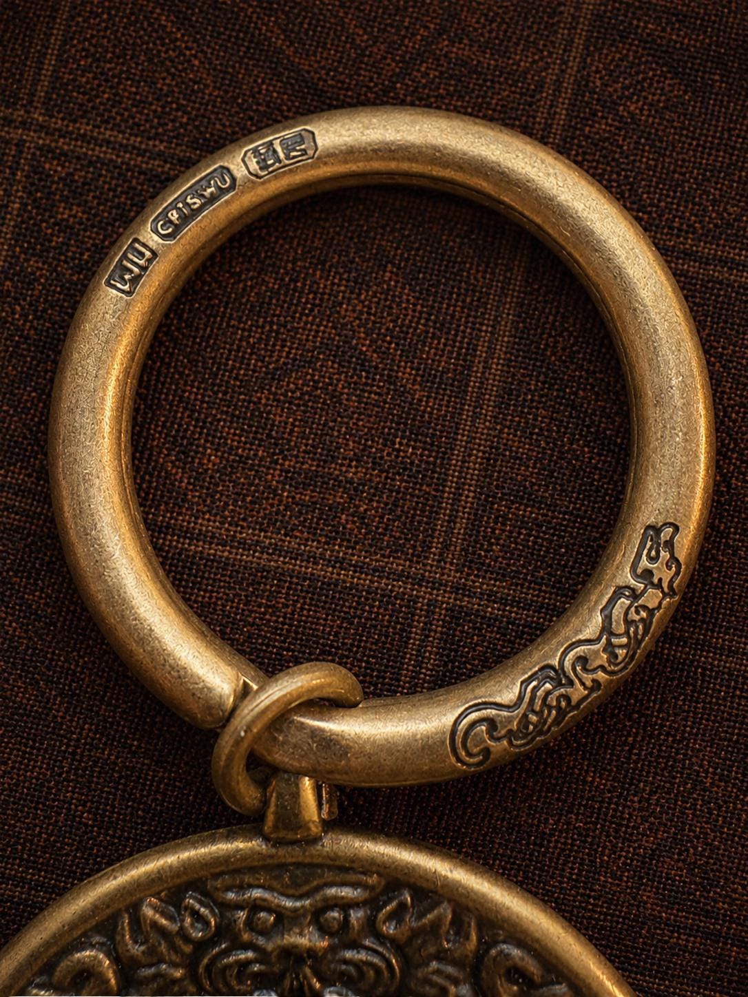 Tibetan Nine Palace Bagua Medallion Keychain, Vintage Copper Key Ring Holder