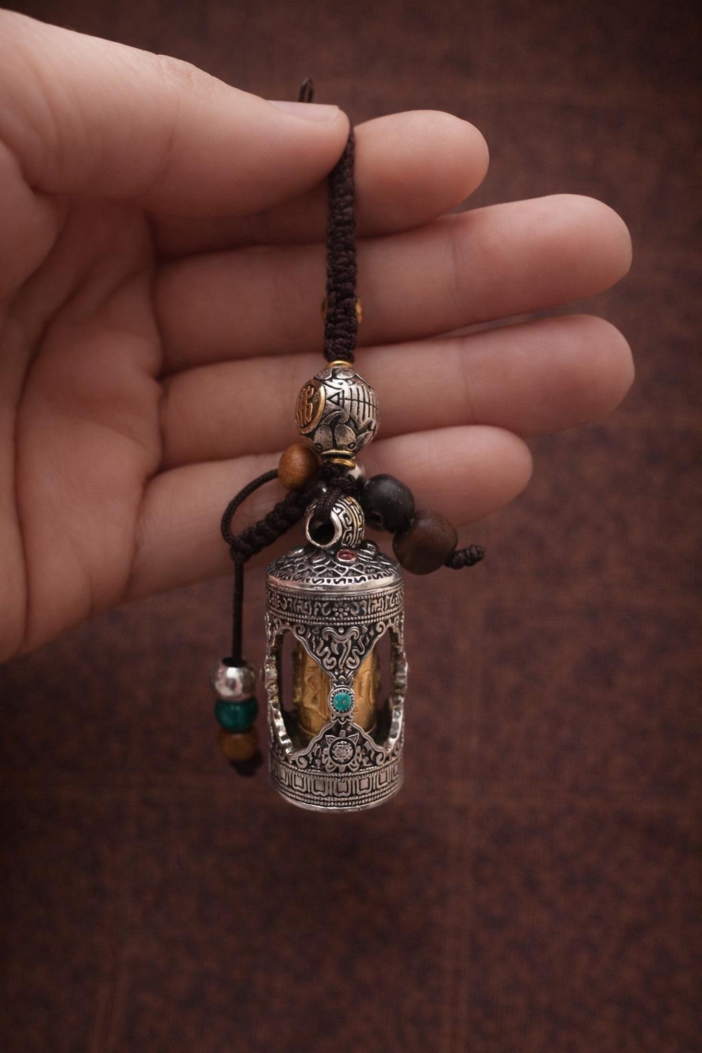 Om Mani Padme Hum Prayer Wheel Charm – Silver Plated Keychain or Bag Pendant