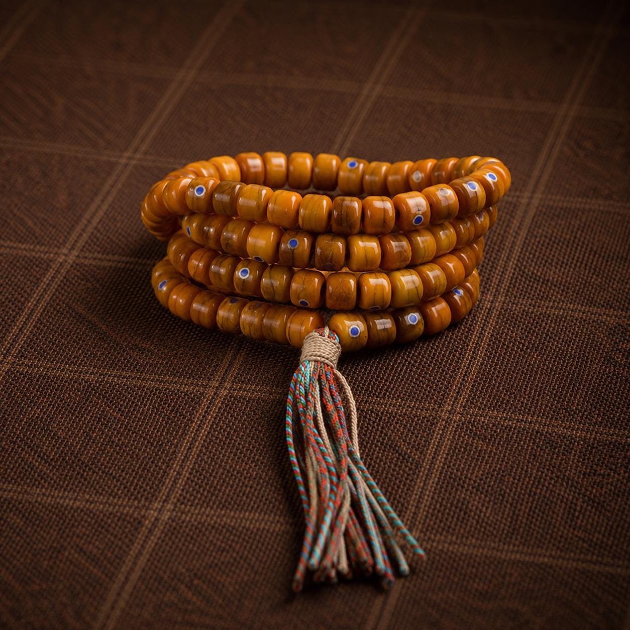 Tibetan Yak Bone Lapis Inlay 108 Mala Bracelet, Handmade Barrel Bead Prayer Beads, Ethnic Tassel Necklace