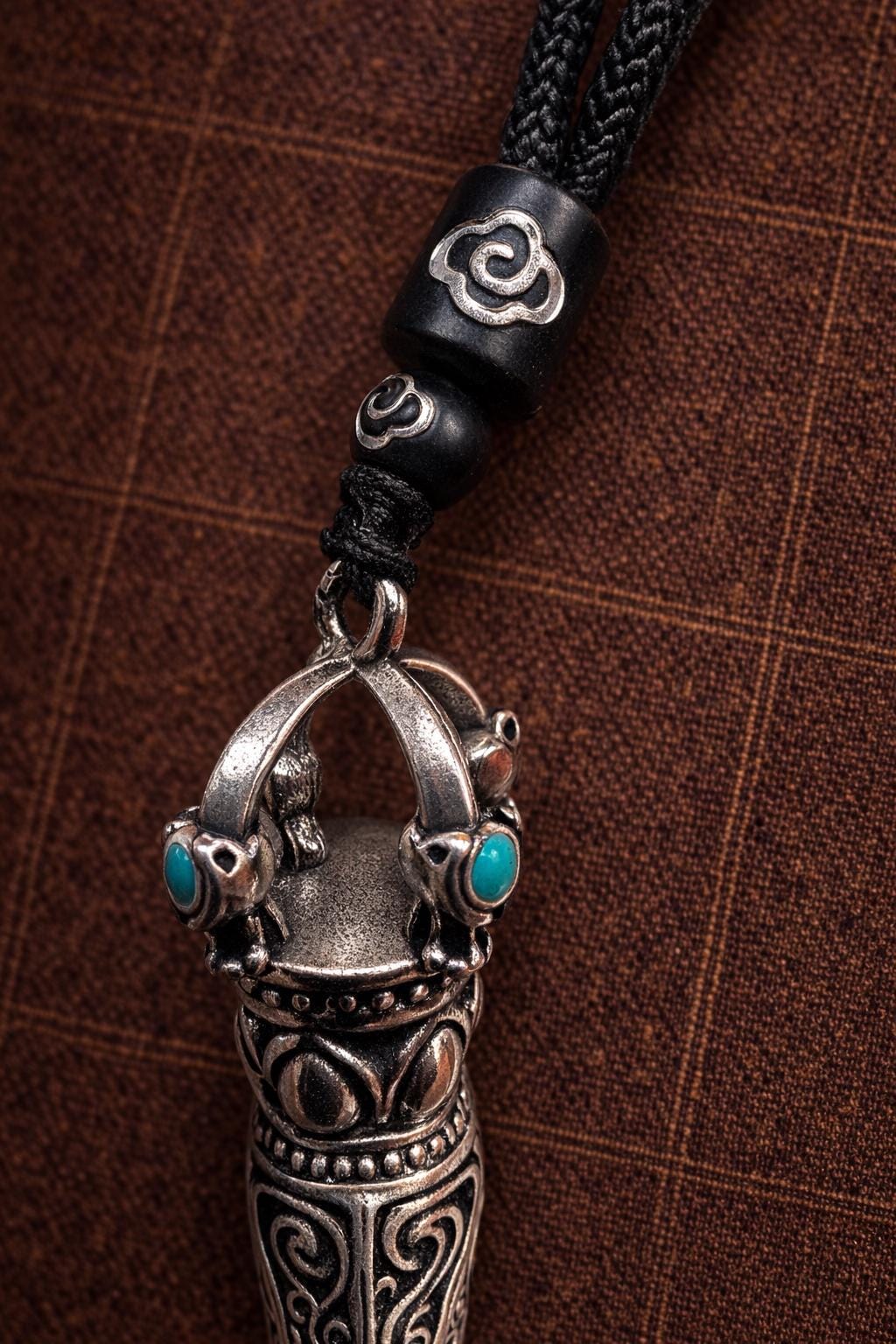 Vintage Silver Plated Pendant Necklace, Tibetan Style Phurba Charm