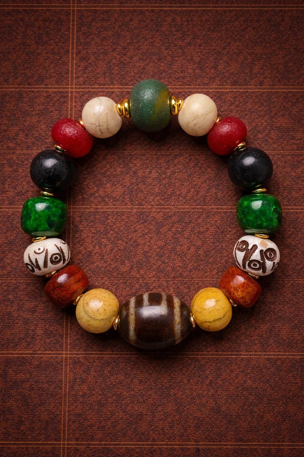 Tibetan Multi-Gem Dzi Bracelet – Agate & Bone Beads | Spiritual Mala Jewelry