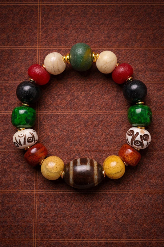 Tibetan Multi-Gem Dzi Bracelet – Agate & Bone Beads | Spiritual Mala Jewelry